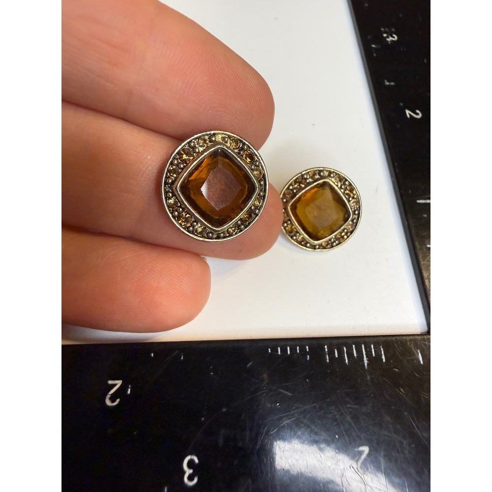 Monet Gold Tone Amber Square Stone Rhinestone Halo Stud Earrings